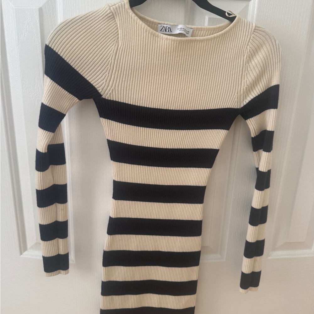 Zara Long Sleeve Navy and Cream Striped Dress
